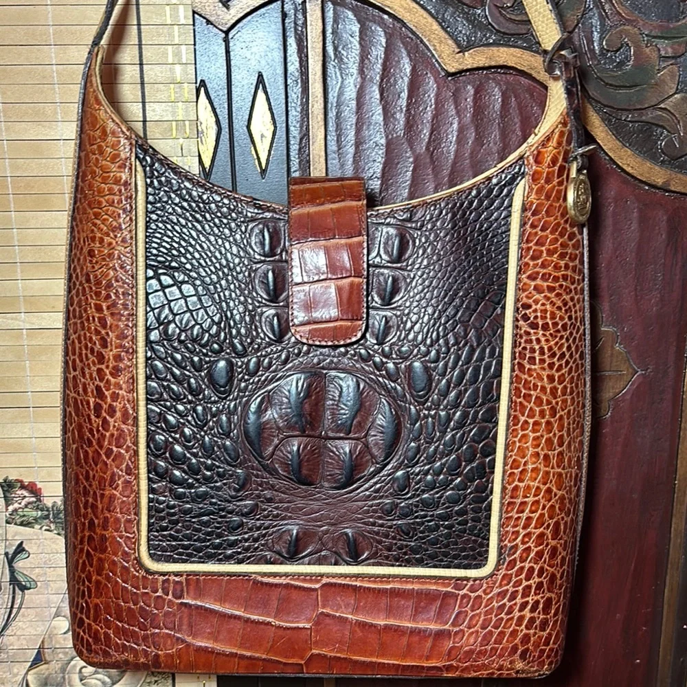 Brahmin Leather Bag Tricolor w Melbourne Croc Magnetic Snap Flap 10”x9.5”x3.5” - Picture 4 of 17
